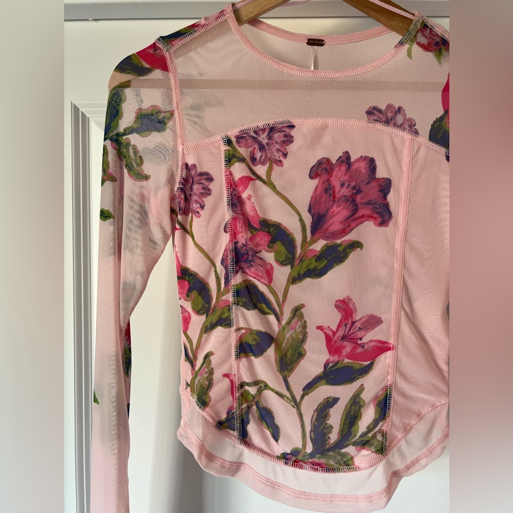 Free People Bettys Garden Mesh Top XS Pink Floral Sheer Long Sleeve Tee - Picture 3 of 9